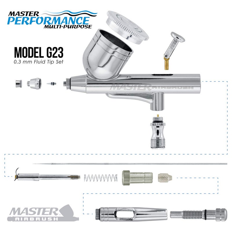 Master Airbrush G23 Multi-Purpose Dual-Action Gravity Feed Airbrush Kit with 0.3mm Tip, 1/3oz Cup, Cutaway Handle - Air Brush Gun for Painting, Aerografo Body Art, Auto Graphics, & Cake Decoration - Image 3